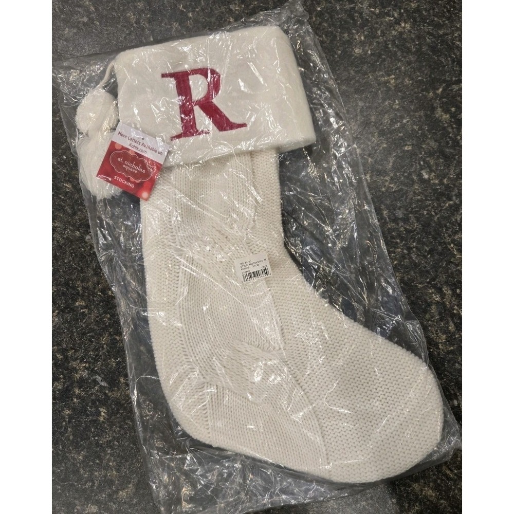 St. Nicholas Square Ivory Cable Knit Christmas Stocking Red "R" *NEW*